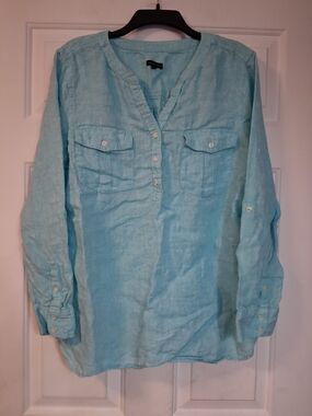 Talbots Light Blue Casual Linen Henley Blouse Lightweight XL